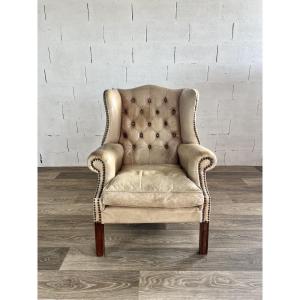 Upholstered Leather Armchair With Ears - Circa 1880