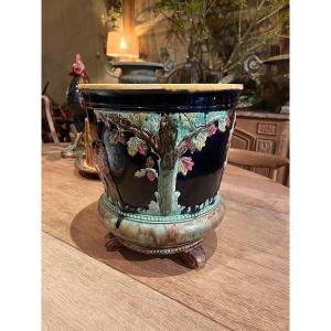 Fine Earthenware Vase With Naturalistic Decorations Of Hinds And Oaks - 20th Century