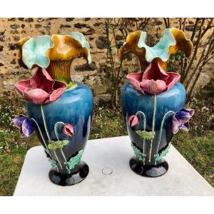 Pair Of Large Vases In Barbotine