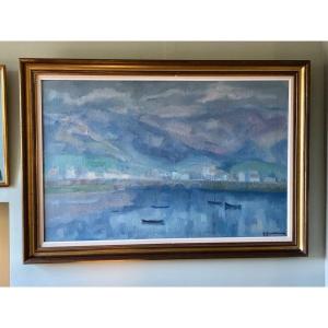 "old Bridge On The Bidasoa In Hendaye" Large Oil On Canvas, Jose Gracenea Aguirregomezcorta