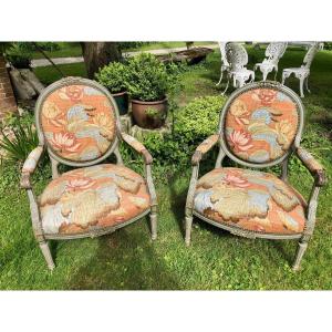 Pair Of 19th Century Louis XVI Style Cabriolet Armchairs Green Rechampis 