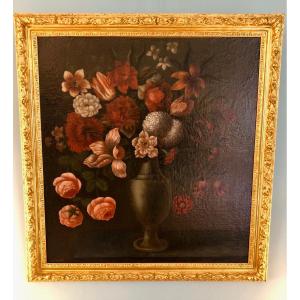 Italian School 18th Century: Bouquet Of Flowers Oil On Canvas