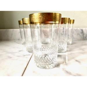 6 Water Or Orangeade Goblets, Cristallerie De Bayel, Golden Edge