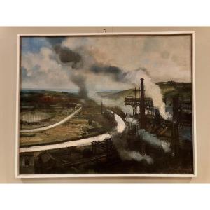 Jean Thomas (1923 - 2019) "factories In Outreau" Large Oil On Canvas Signed And Dated 1972 