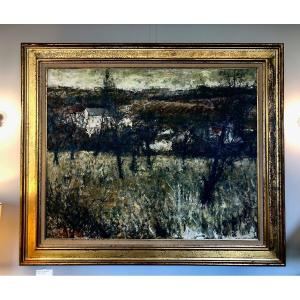 Michel De Gallard (1921-2007) Landscape, Large Oil On Canvas, Original Gilded Wooden Frame