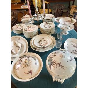Large 1900 Porcelain Service From Clermont Ferrand Decorated With Exotic Foliage And Bird