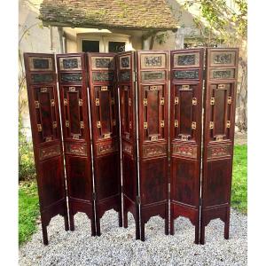 Large Carved And Lacquered Wooden Screen With 7 Panels, China, 19th Century 