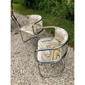 Pair Of Chrome-plated Metal Canteliver Chairs, Gondola Shape, 70s