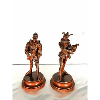 Pair Of Bronze Statues XIXth Century Comedia Dell'arte, Alfred Barye