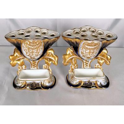 Pair Vase Pique Fleur Porcelain From Valentine XIXth Century