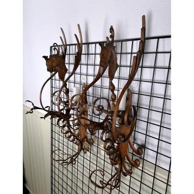 Appliques Lumineuses Fer Forgé Dragon La Paire XXème 