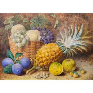 James T. Clapham (active Circa 1860). Fruit Composition. Watercolor And Gouache, Signed.