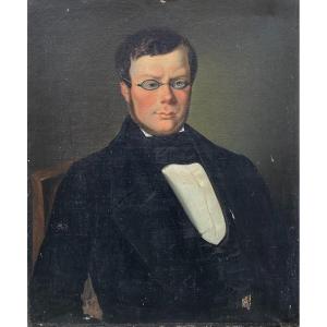 French School Of The 19th Century. Portrait Of A Man With Glasses. Oil On Canvas.