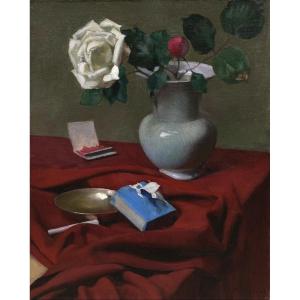 Robert Pougheon (1886-1955). Roses And Cigarettes On A Red Tablecloth. Oil On Canvas Board.