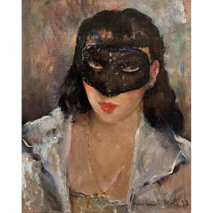 Pierre Ernest Kohl (1897-1985). Portrait Of A Woman With A Mask, 1927. Oil On Canvas.