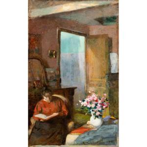 Raoul Capdevielle (1880-1910). Reading, 1901. Oil On Canvas, Signed.
