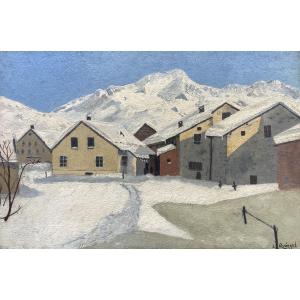 Lucien Quenard (1902-1995). Snow-covered Village In The Alps. Oil On Cardboard.
