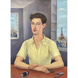 Claude Coquerel (active Around 1930). Portrait Of A Young Man In Paris, 1937. Oil On Canvas.
