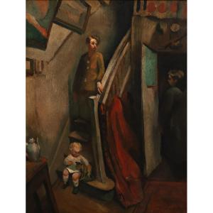Maurice Retif (1887 - 1966). The Descent Of A Staircase, Circa 1920. Oil On Canvas.