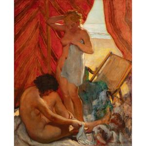 Louis Vergetas (paris 1882 - Elbeuf 1961). Bathers, 1953. Oil On Panel. Signed.