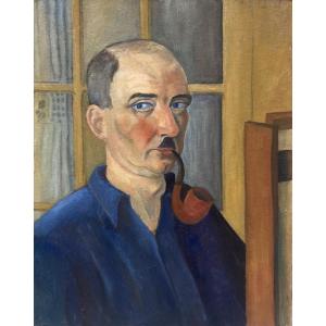 Louis Goyet (1907-1982). Self-portrait With Pipe. Oil On Cardboard.