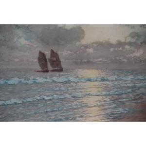 Sailing Boats At Sunset By Arsène Chabanian (1864-1949)