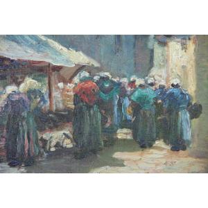 Market In Brittany Around 1900 By A Foreign Artist