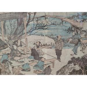 Double Japanese Print - Animated Village Scene - Framed - Manga