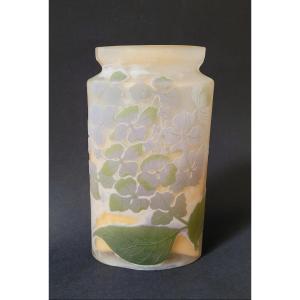 Gallé Vase With Triangular Neck - Hydrangea Flower Decor - Signed