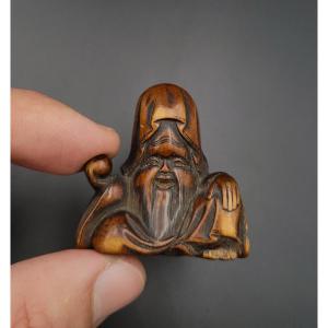 Netsuke - Fukurokuju With Tama Wood - Japan - 19th Century