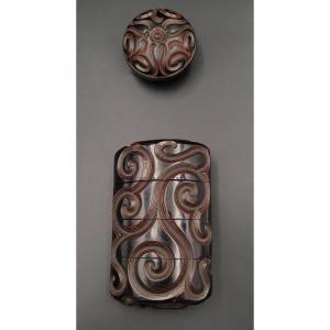 Inro And Manju Netsuke - Karakusa Motif - Guri Lacquer - Edo Period (1603-1868)