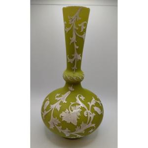  Vase In Opaline - Lined And Enameled - Harrach Manufacture - Bohème - Circa 1870