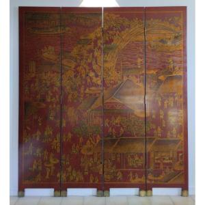 Screen - Four Leafs - Laque- Red And Gold - Circa 1930.
