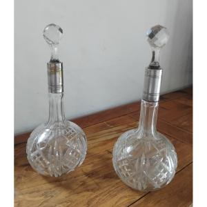 Pair Of Decanters - Crystal And Silver Plated Metal - Baccarat - Circa 1930.