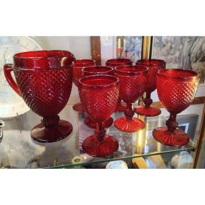 Set Of Six Glasses And Pitcher - Crystal - Ruby Red - C. 1970.