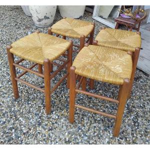 Set Of Four Stools - Oak And Straw - C. 1950.
