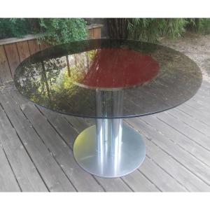 Italian Table - Steel And Smoked Glass - C. 1970.