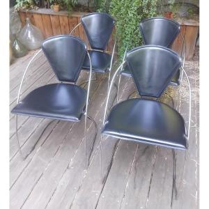 Suite Of Four Chairs - Chromed Metal And Leather - Model Linda - Arrben - Italy - Circa 1980.