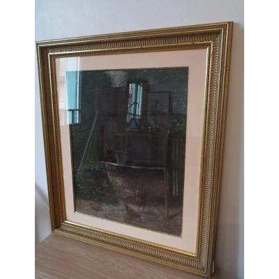 Pastel-scene From Lower Court- Eloi Fouché (1854-1918)