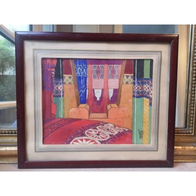 Gouache Drawing - Interior - Art Deco - Around 1930.