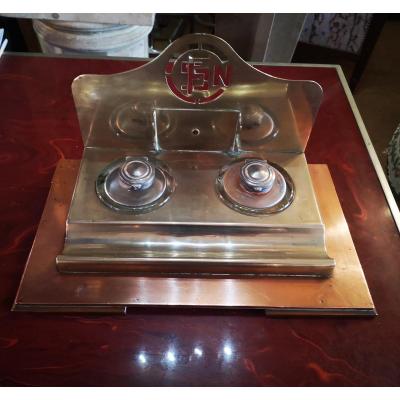 Encrier De Bureau-cuivre Et Laiton Argenté-sncf-v. 1940.