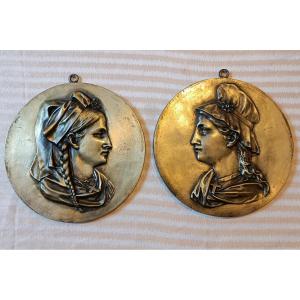 Pair Of Medallions- Bronze- Alsace And Lorraine- Late Nineteenth