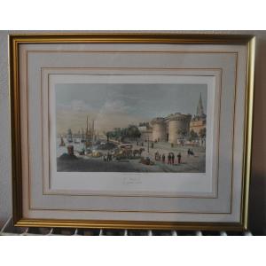 Ancient Marine Engraving The Port Of St Malo The Grande Porte Enhanced With Watercolor