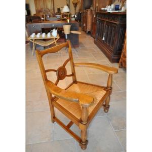 Rare Straw Armchair From The 50s In Solid Wood