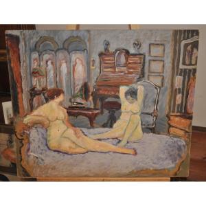 Antique Painting By Ramon Dilley Oil On Panel Nude Women 20th Century