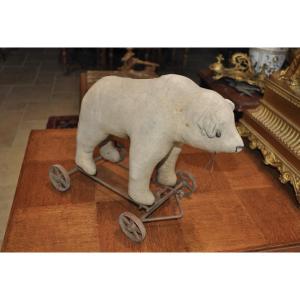 Antique Pull-along Teddy Bear On 4 Wheels, Late 19th Century Articulated Toy, Steiff Brand?