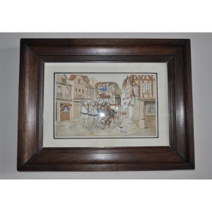 Antique Engraving Enhanced With Watercolor, Late 19th Or Early 20th Century, Stagecoach With Horses