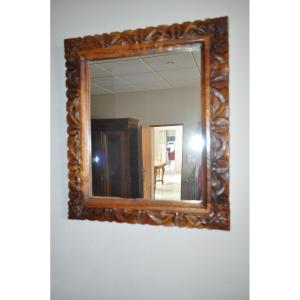 Antique Rectangular Mirror With Carved Solid Wood Frame (mahogany) From The Mid-20th Century.