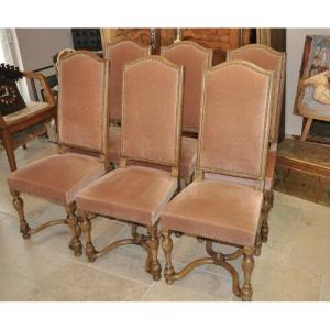 Set Of 6 Antique Louis XIV Style Chairs In Cerused Oak And Period Velvet, Early 20th Century