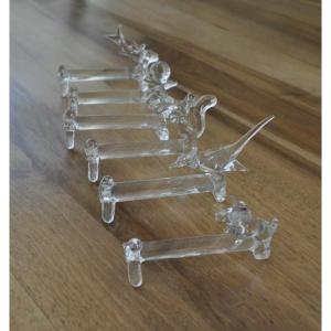 Set Of 6 Animal-shaped Knife Rests In Glass Or Crystal: Squirrel, Bird, Pig, Dolphin, Etc.